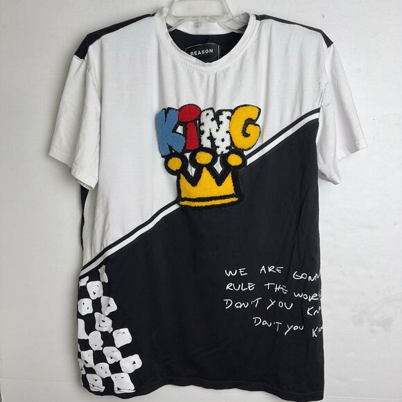 Reason Men’s 2XL King Rule The World Graphic Jersey Shirt Fuzzy Patch *Read - Picture 1 of 13